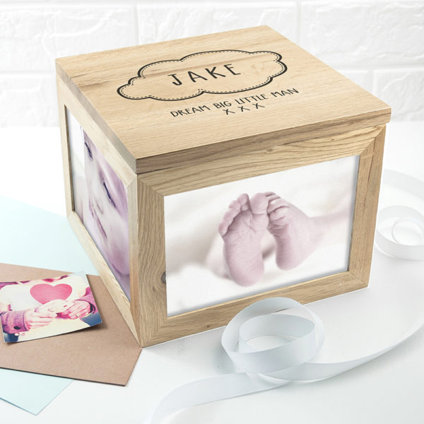 Baby Name in Cloud Oak Photo Keepsake Box