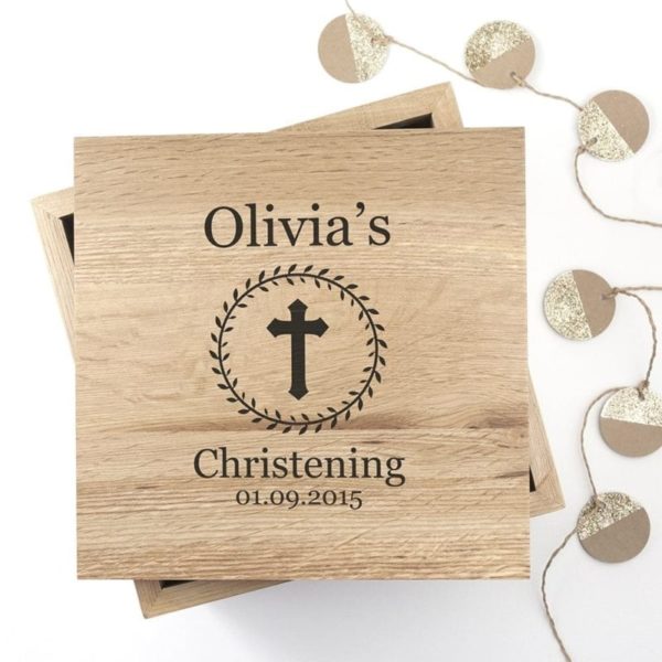 Christening Cross Oak Photo Keepsake Box with Leaf Frame