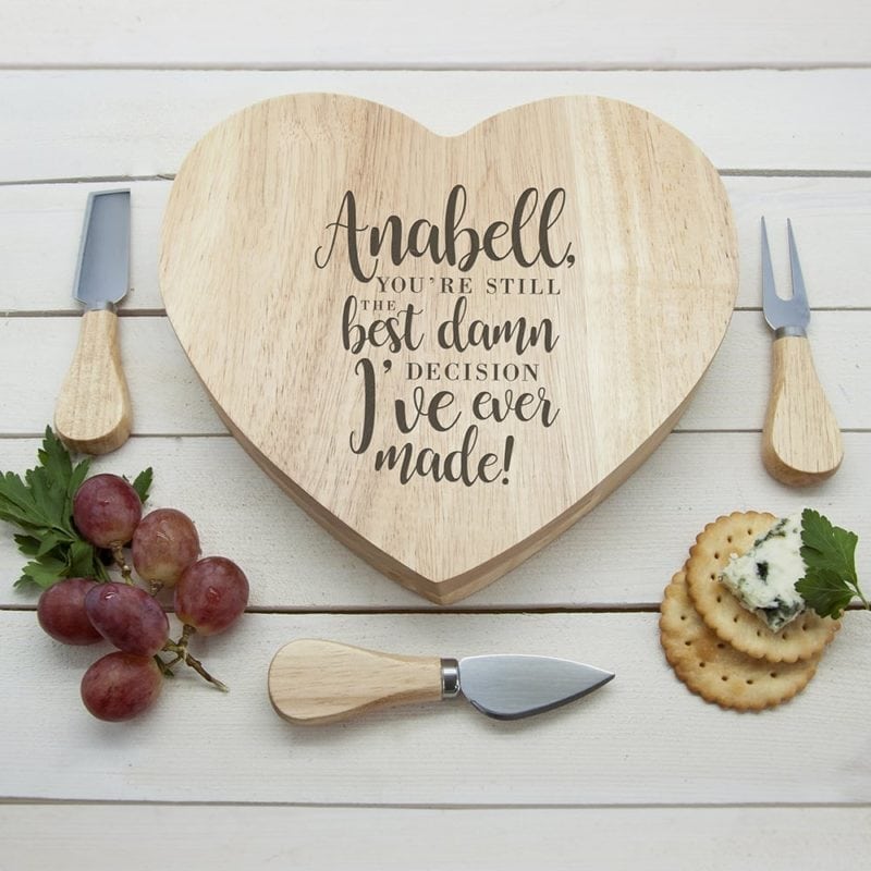 Engraved Valentine's Best Damn Decision Heart Cheese Board