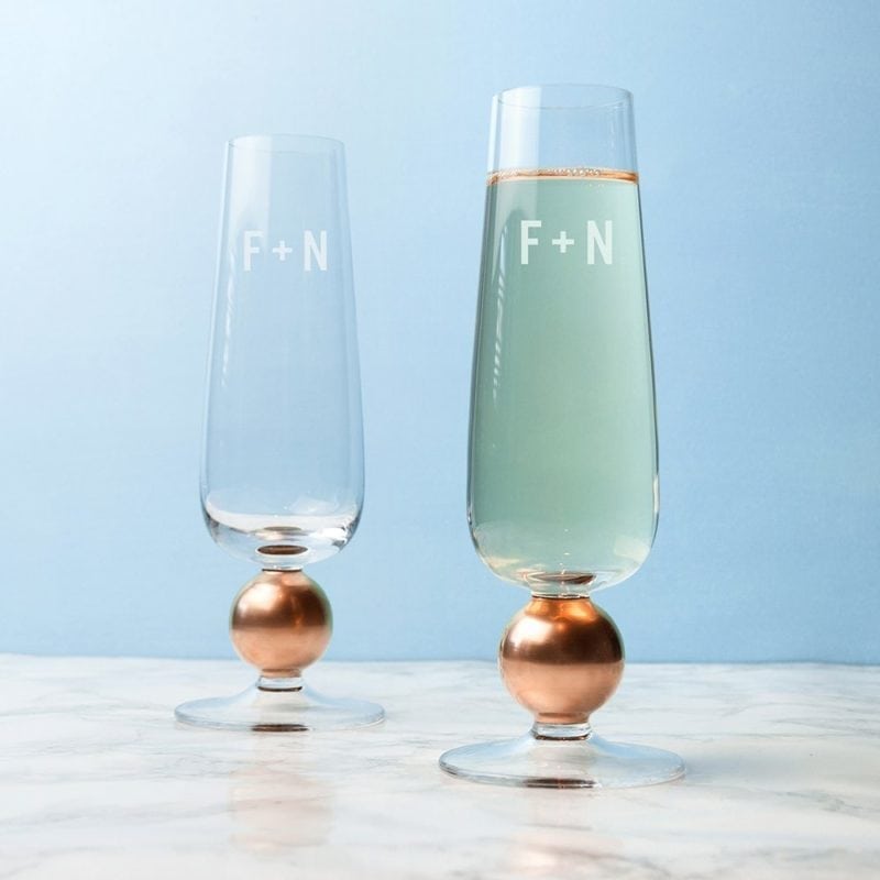 Monogrammed LSA Set Of Two Rose Gold Champagne Glasses