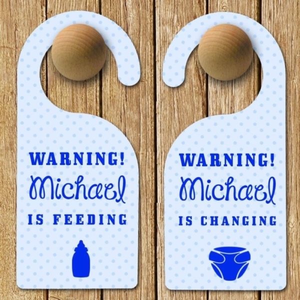 Personalised Baby Warning Door Hanger in Blue