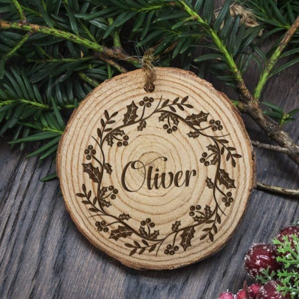 Personalised Engraved Holly Wreath Christmas Tree Decoration