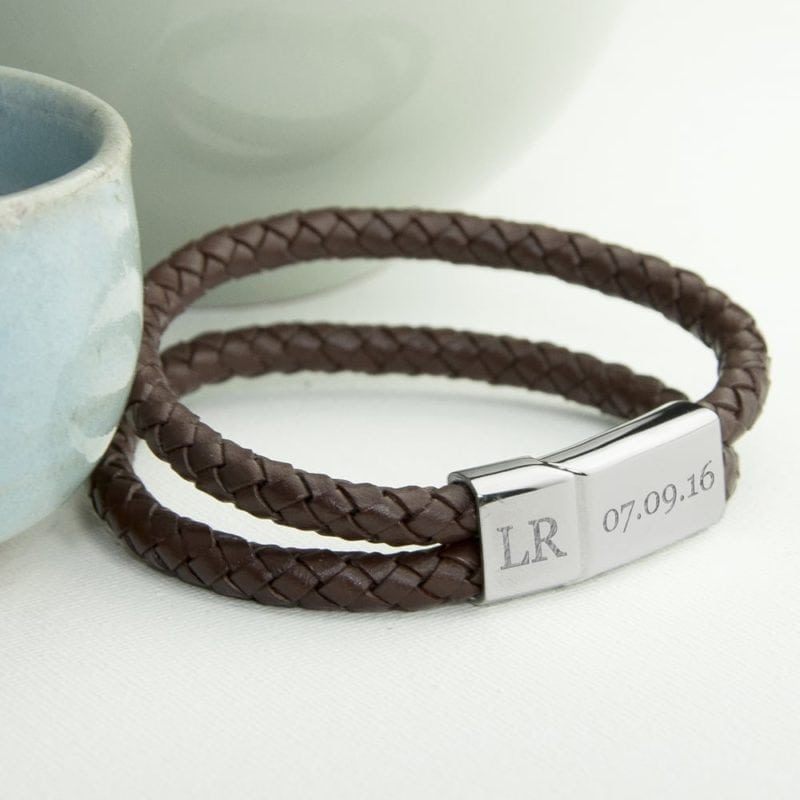 Personalised Men's Dual Leather Woven Bracelet In Umber