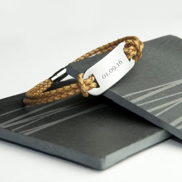 Personalised Men's Statement Leather Bracelet in Standstone