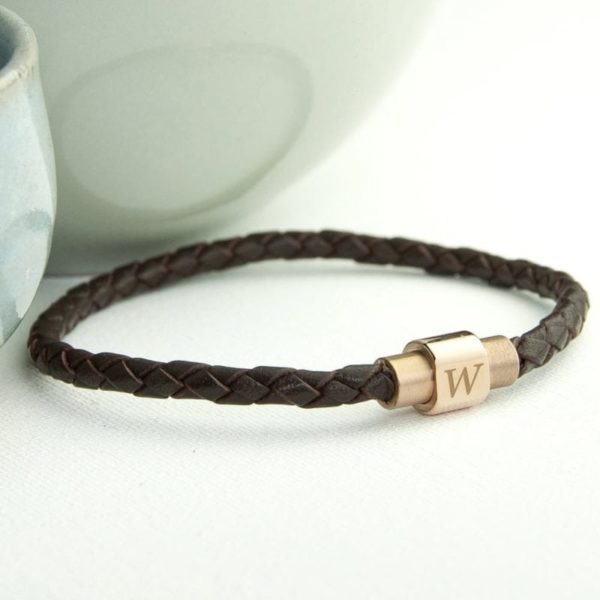 Personalised Men's Woven Leather Bracelet With Gold Clasp