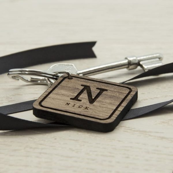 Square Wooden Key Ring - Initial and Name