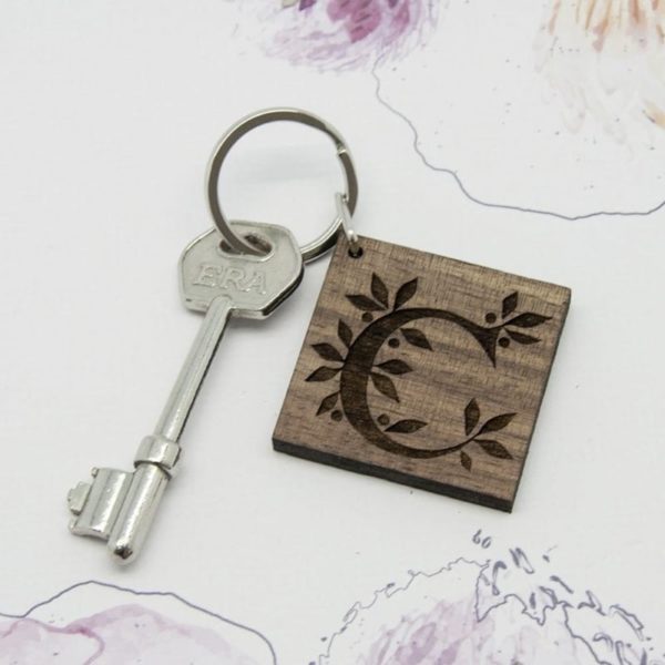 Square Wooden Key Ring - Initial decorated with leaves