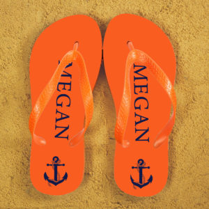Anchor style Personalised Flip Flops in Orange and Blue