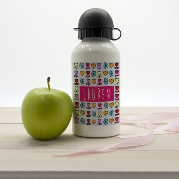 Girls Dainty Floral and Heart Personalised Water Bottle