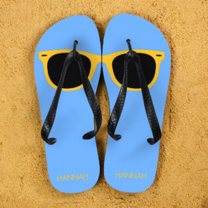 Holiday Style Personalised Flip Flops in Blue and Yellow Holiday Style Personalised Flip Flops in Blue and Yellow