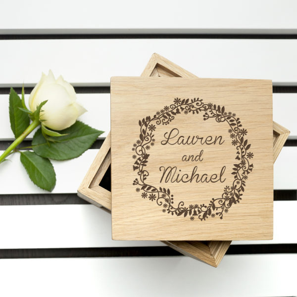 Personalised Romantic Floral Frame Oak Photo Cube