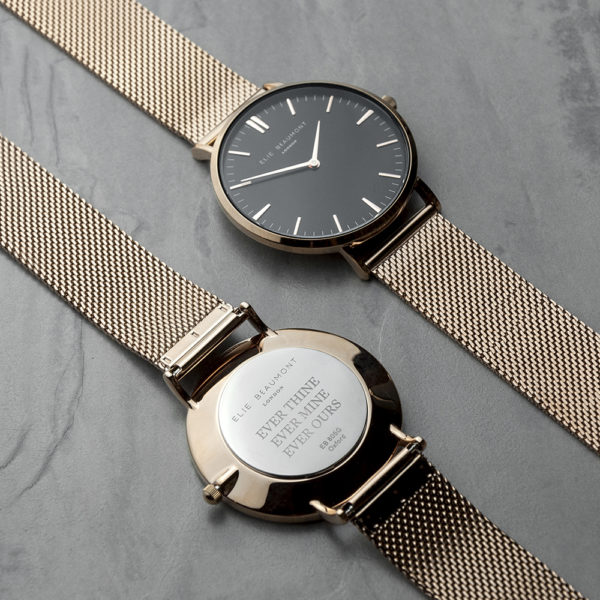 Personalised Rose Gold Mesh Strapped Watch With Black Dial