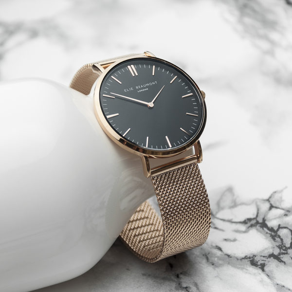 Personalised Rose Gold Mesh Strapped Watch With Black Dial