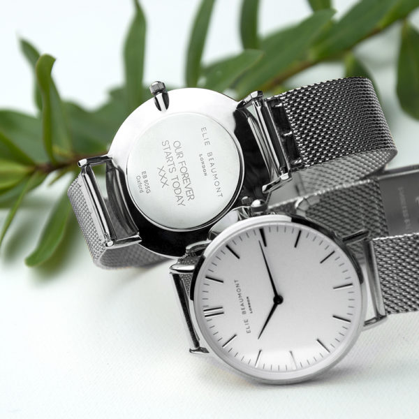 Personalised Metallic Mesh Strapped Watch With White Dial