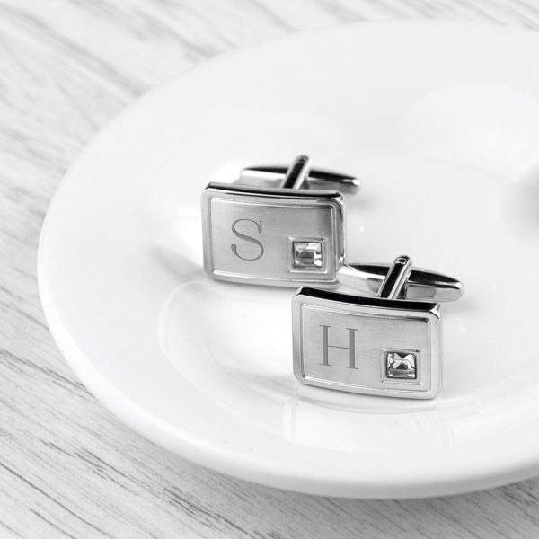 Personalised Brushed Silver Cufflinks With Crystal