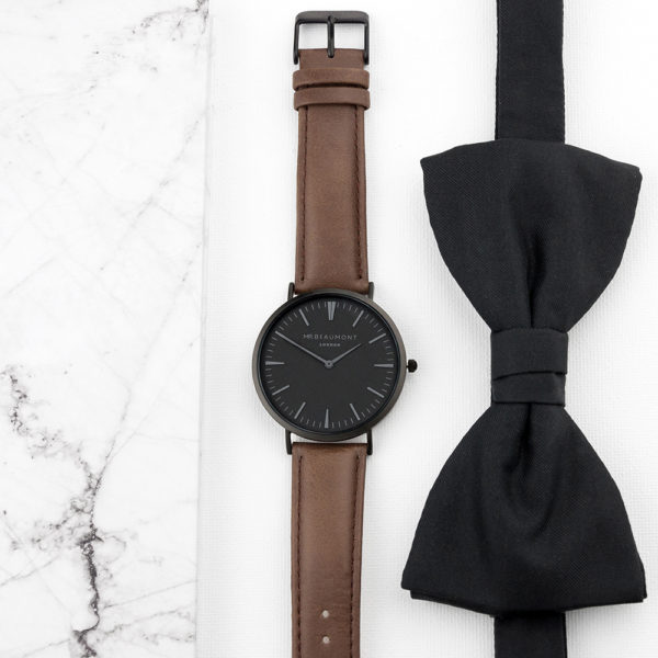 Men's Modern-Vintage Personalised Watch With Black Face in Brown