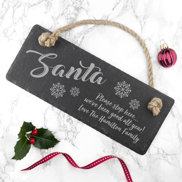 Personalised Santa Please Stop Here Slate Hanging Sign