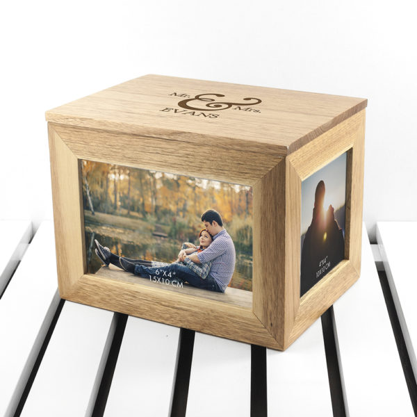 Personalised Classic Mr & Mrs Midi Oak Photo Cube Keepsake Box