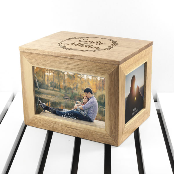 Personalised Couples' Midi Oak Photo Cube Keepsake Box With Wreath Design