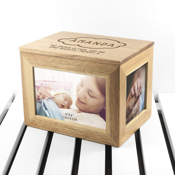 Personalised Baby Name In Cloud Midi Oak Photo Cube Keepsake Box