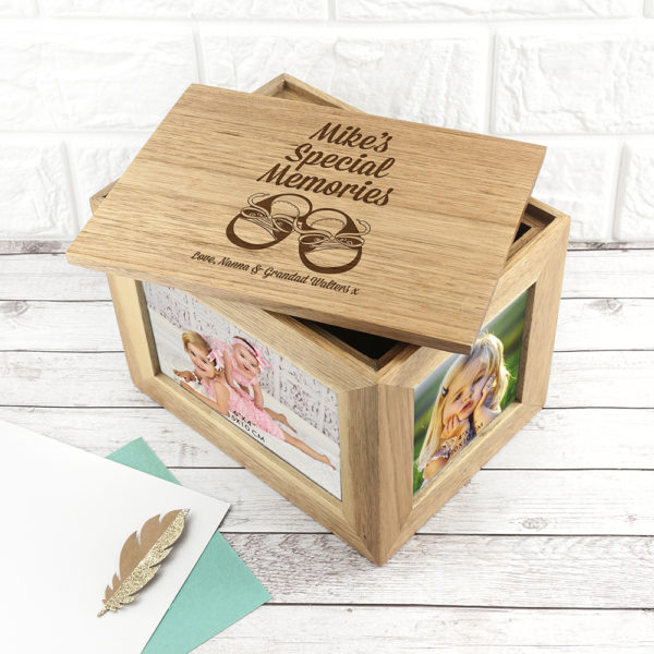 Personalised Baby Shoes Midi Oak Photo Cube Keepsake Box