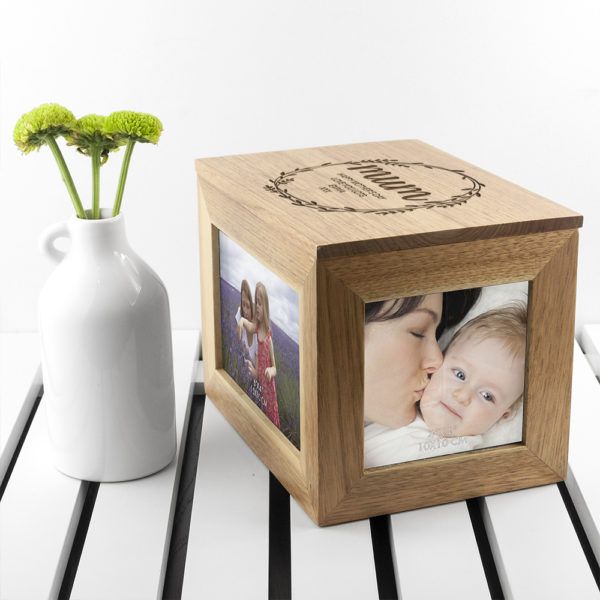 Personalised Wreath Mother's Day Midi Oak Photo Cube Keepsake Box