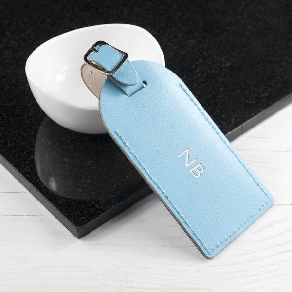 Personalised Pastel Blue Foiled Leather Luggage Tag