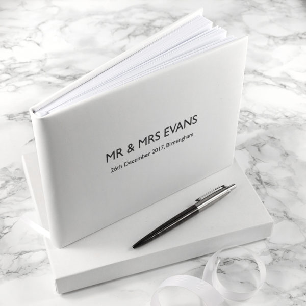 Engraved White Leather Wedding Guest Book