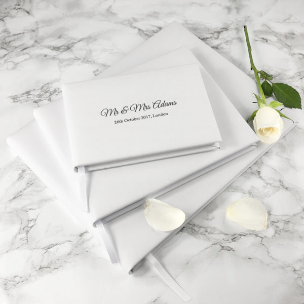 Engraved White Leather Wedding Guest Book
