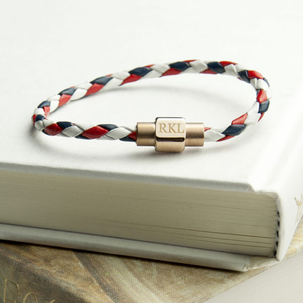 Personalised Men's Nautical Leather Bracelet With Gold Clasp