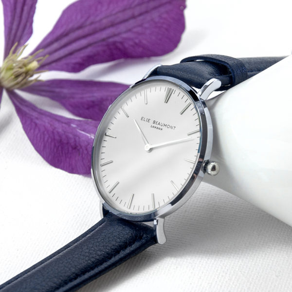 Modern - Vintage Personalised Leather Watch In Navy & Silver