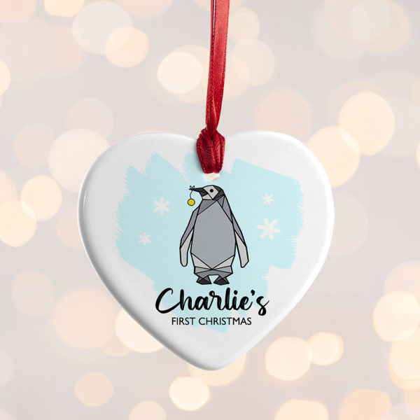 Personalised Baby Penguin Heart Decoration