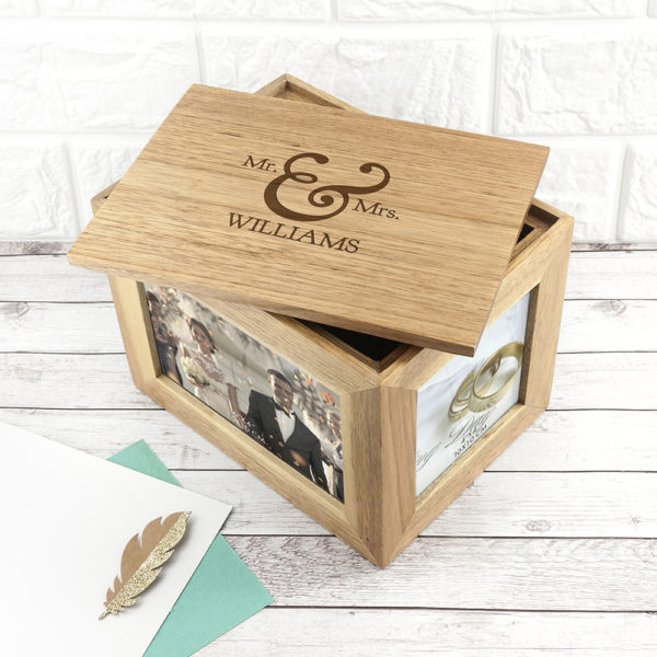 Personalised Classic Mr & Mrs Midi Oak Photo Cube Keepsake Box