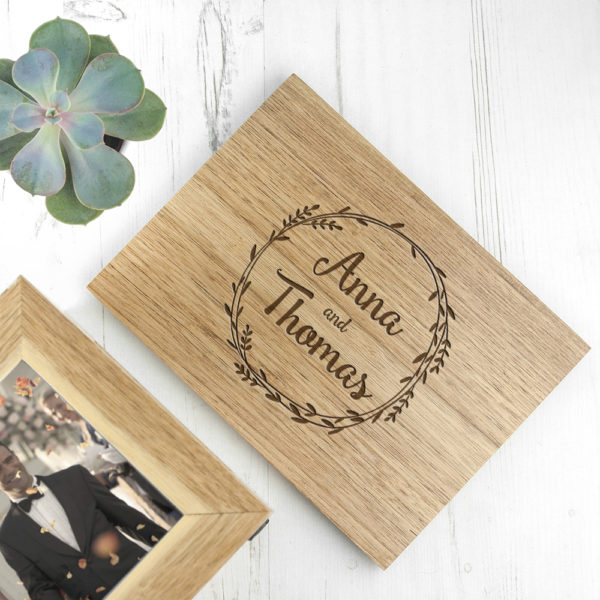 Personalised Couples' Midi Oak Photo Cube Keepsake Box With Wreath Design