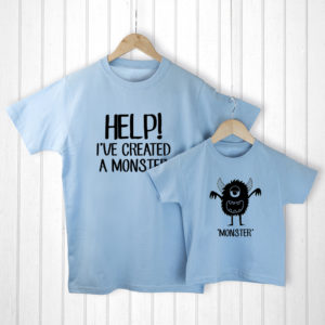 Personalised Daddy and Me Little Monster Blue T-Shirts