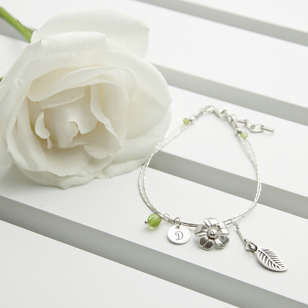 Personalised Forget Me Not Friendship Bracelet With Peridot Stones