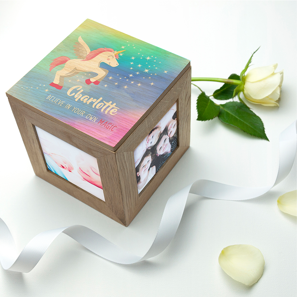 Personalised Baby Unicorn Photo Cube with Rainbow Background