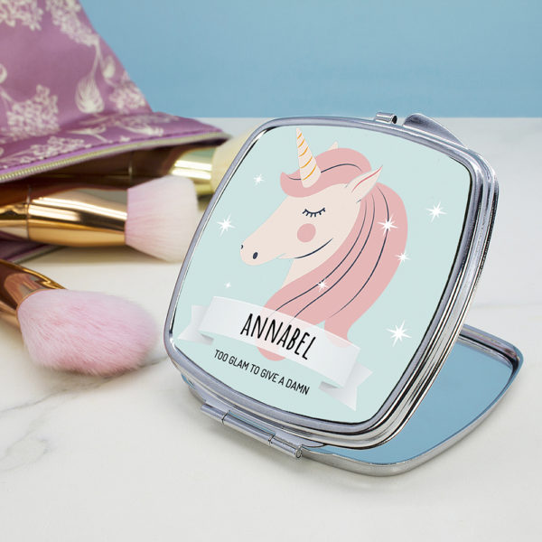 Personalised Sparkle Squad Square Blue Compact Mirror