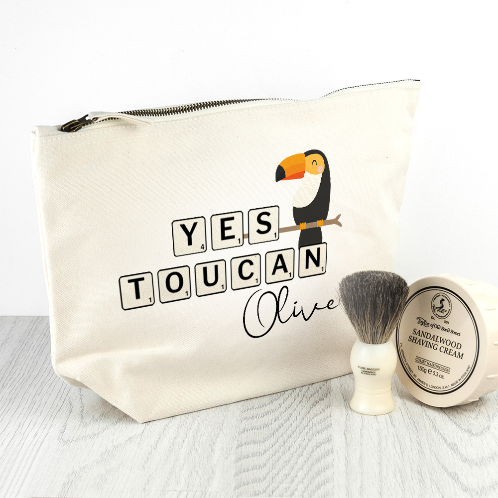 Personalised Yes Toucan Cream Wash Bag