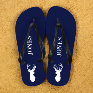 Stag Design Personalised Flip Flops in Blue and White Stag Design Personalised Flip Flops in Blue and White