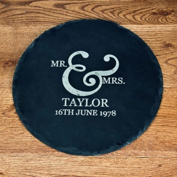 Mr and Mrs Romantic Ampersand Round Slate Cheese Board