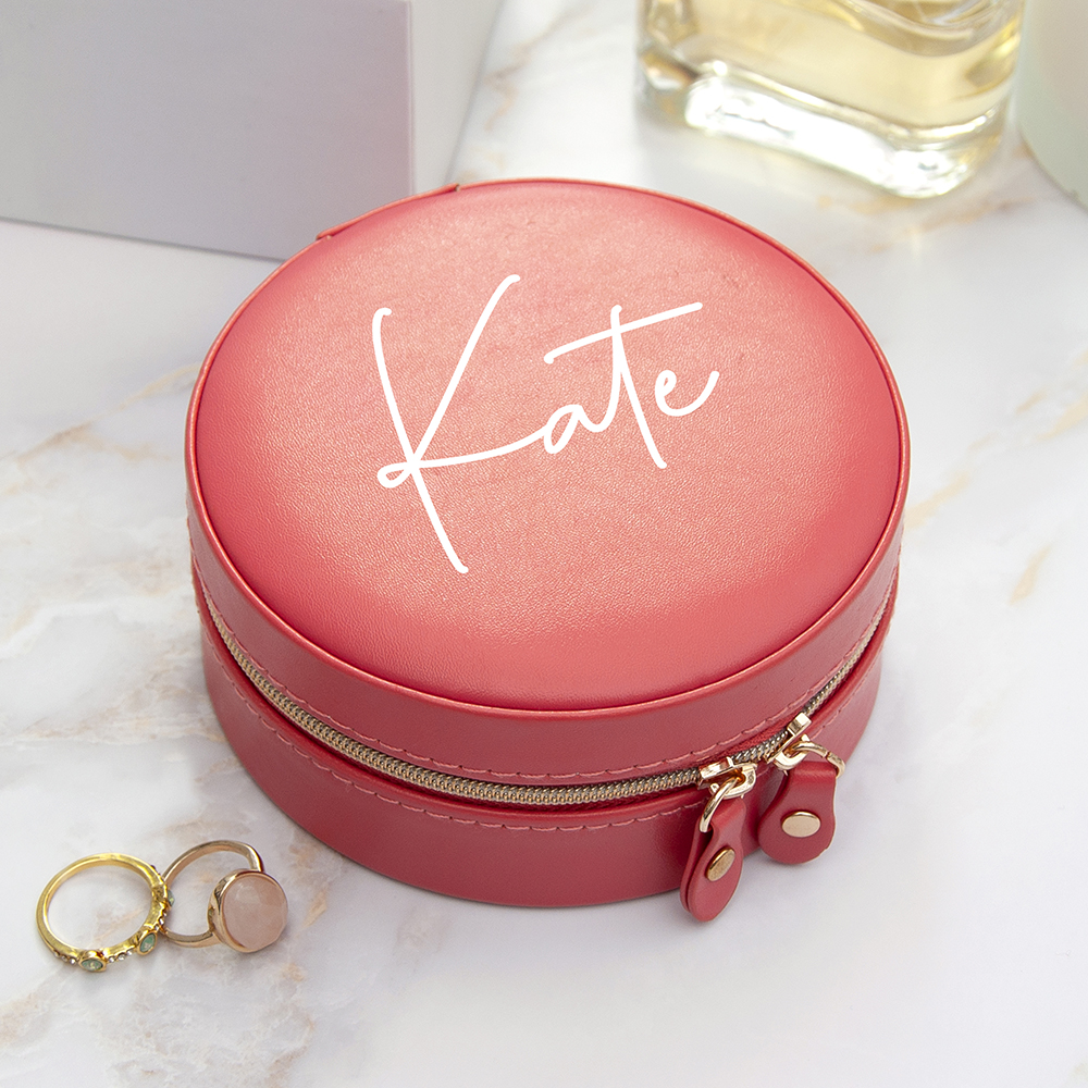 Personalised Coral Round Jewellery Case Personalised Treat Republic Coral Round Jewellery Case