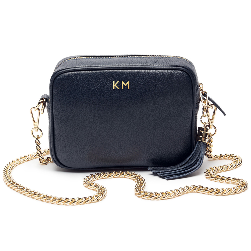 Personalised Elie Beaumont Navy Bag with Gold Chain Strap Personalised Elie Beaumont Navy Bag with Gold Chain Strap