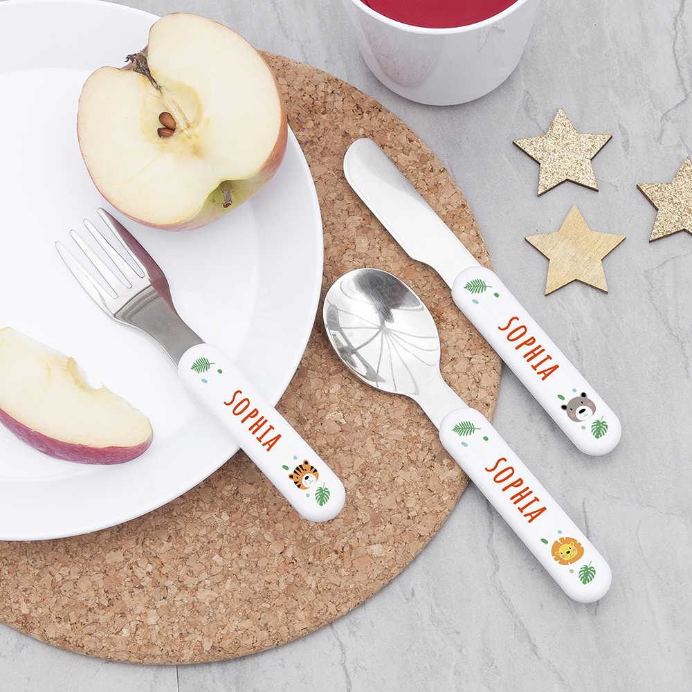 Personalised Kids Jungle Animal Cutlery Set – Metal Personalised Kids Jungle Animal Cutlery Set - Metal