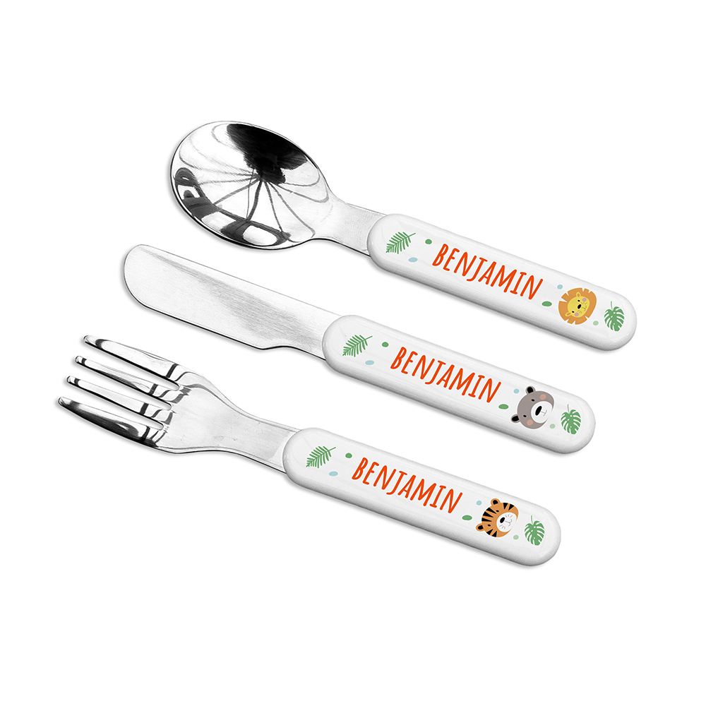 Personalised Kids Jungle Animal Cutlery Set – Metal Personalised Kids Jungle Animal Cutlery Set - Metal