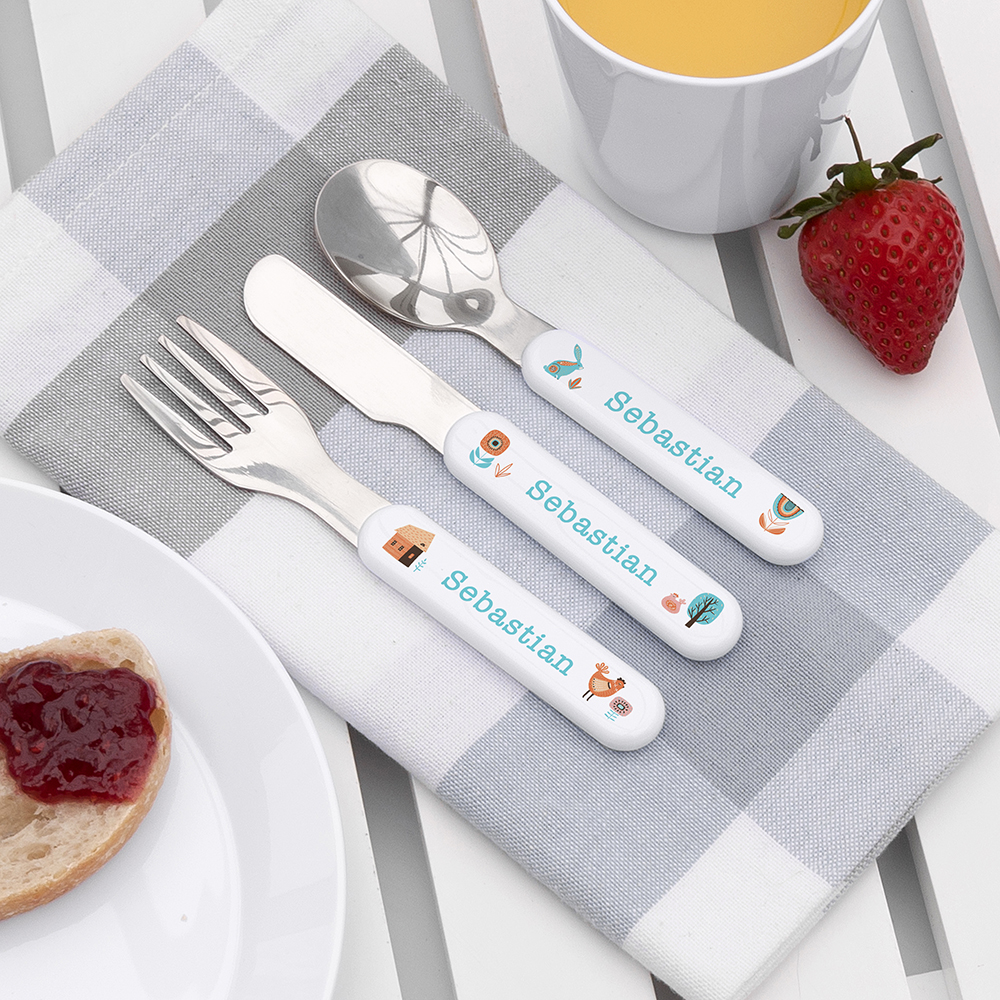 Personalised Kids Scandi Summer Cutlery Set – Metal Personalised Kids Scandi Summer Cutlery Set - Metal