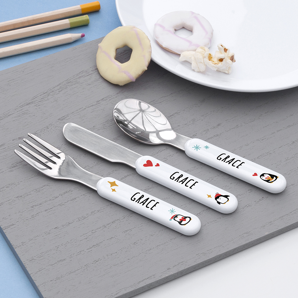 Personalised Kids Winter Penguin Cutlery Set – Metal Personalised Kids Winter Penguin Cutlery Set - Metal