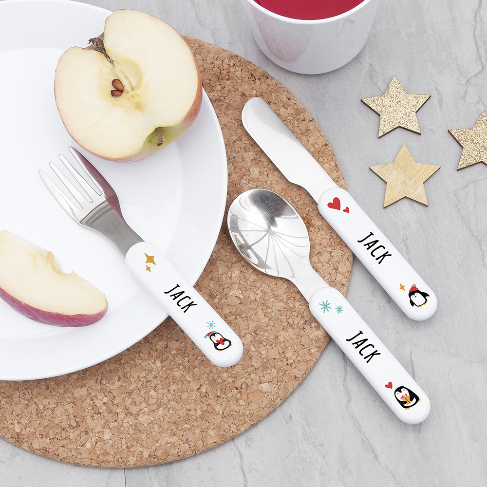 Personalised Kids Winter Penguin Cutlery Set – Metal Personalised Kids Winter Penguin Cutlery Set - Metal