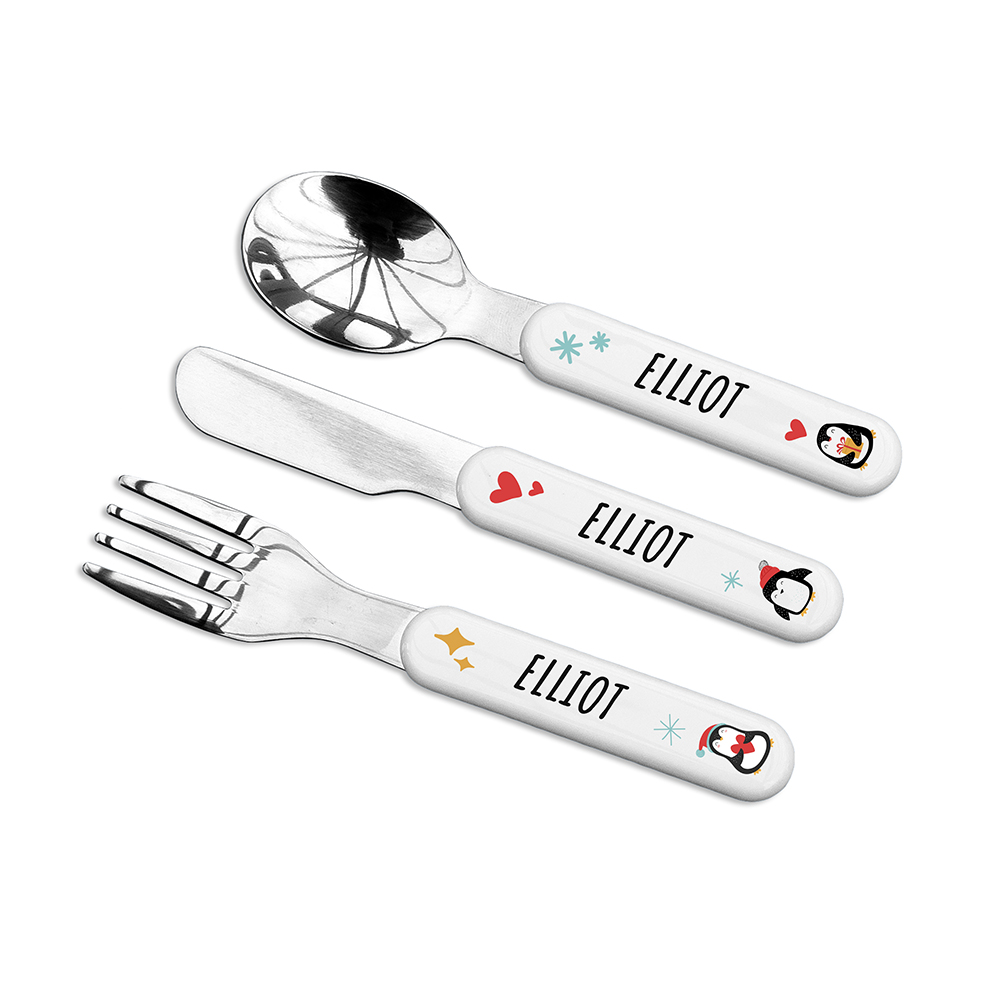 Personalised Kids Winter Penguin Cutlery Set – Metal Personalised Kids Winter Penguin Cutlery Set - Metal