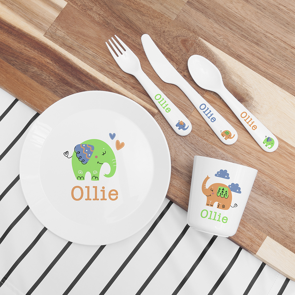Personalised Kids Elephant Plastic Dining Set Personalised Kids Elephant Plastic Dining Set